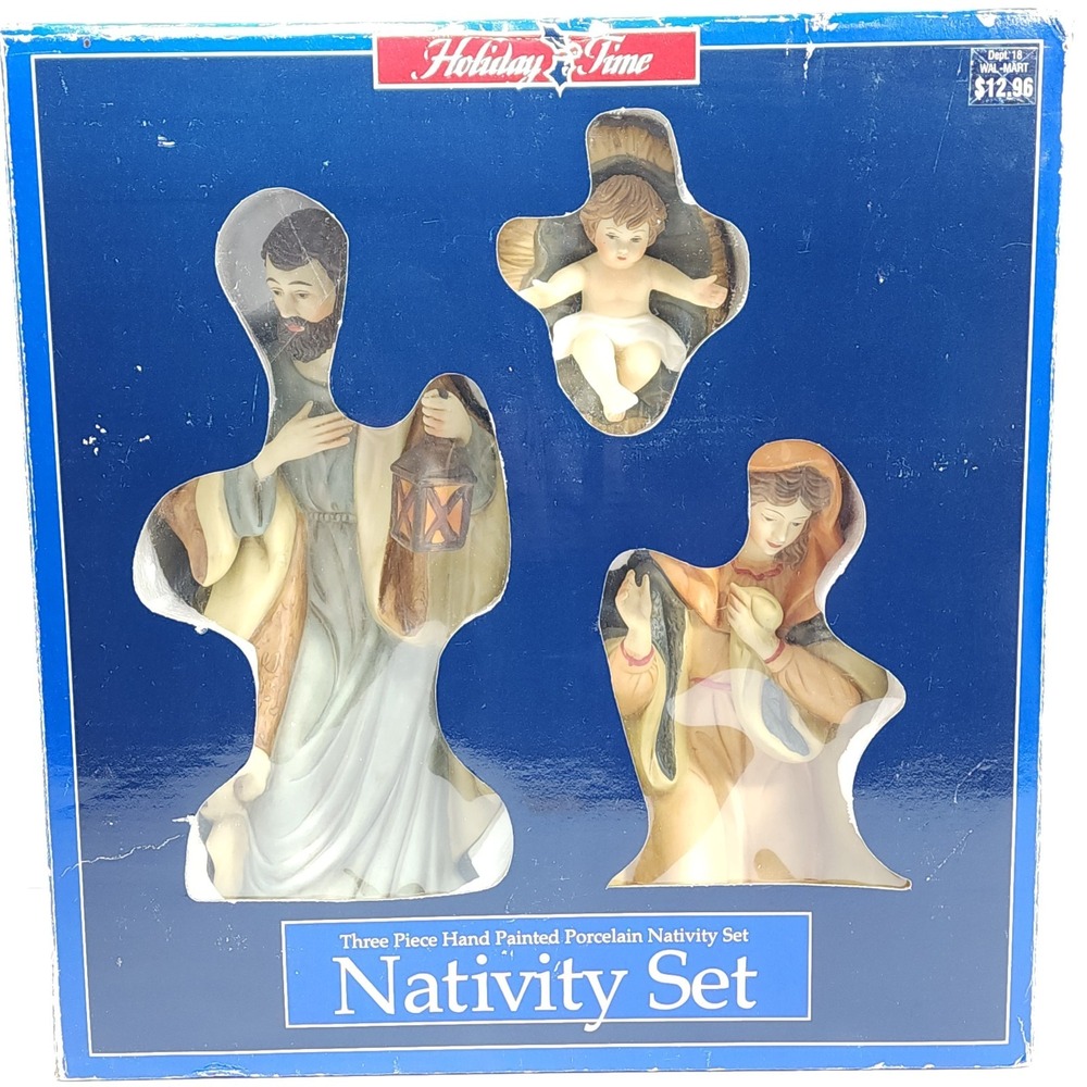 Vtg Holiday Time Three Piece Hand Painted‎ Porcelain Nativity Set